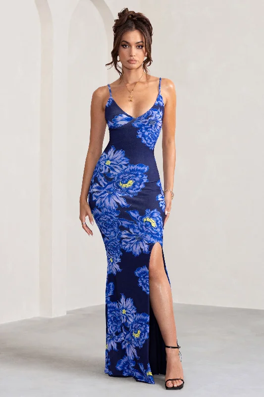 Farah | Blue Floral Print Plunge Neck Maxi Dress With Split Detail