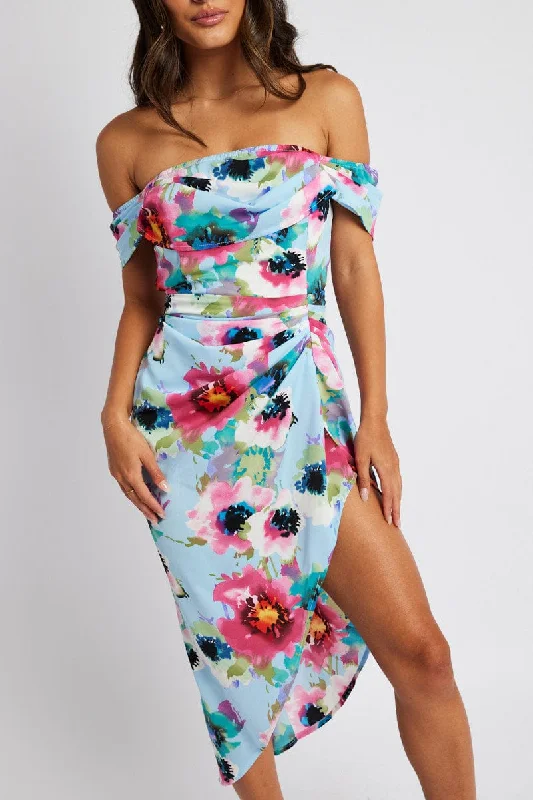 Blue Floral Midi Dress Bardot Sleeve Draped Blue Floral