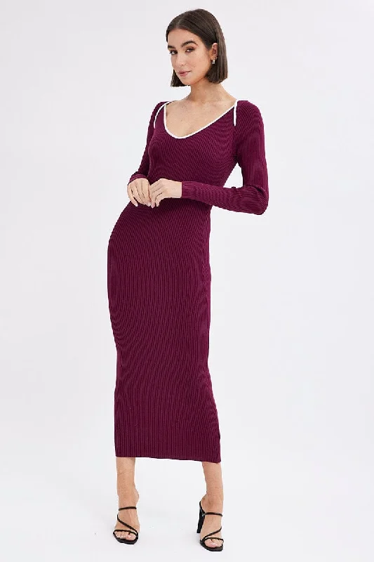 Stylish plus-size clothing for women   Purple Midi Dress Long Sleeve Sweetheart Contrast Bind