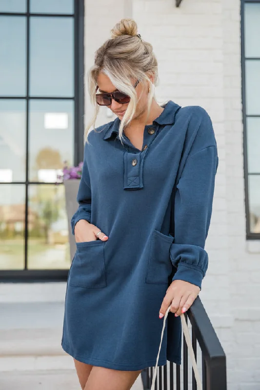 Coffee Chat Navy Button Front Knit Dress