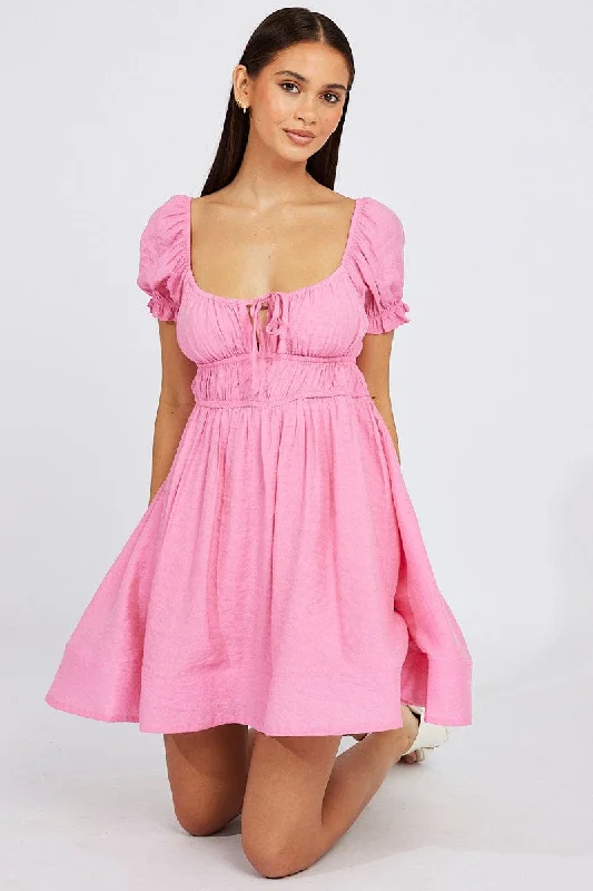 Pink Fit and Flare Dress Short Sleeve Ruched