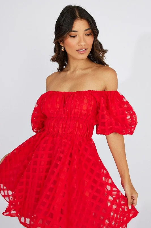Affordable stylish women’s fashion collection   Red Fit And Flare Dress Puff Sleeve Mini