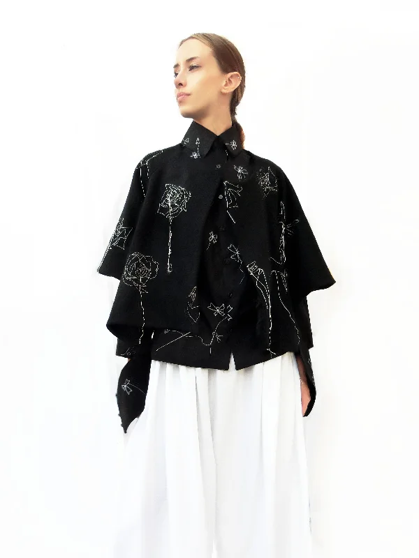Summer-ready fashion for stylish women   Wool Wide Jacket with Embroidered Stitching/ Black/ 100% Wool