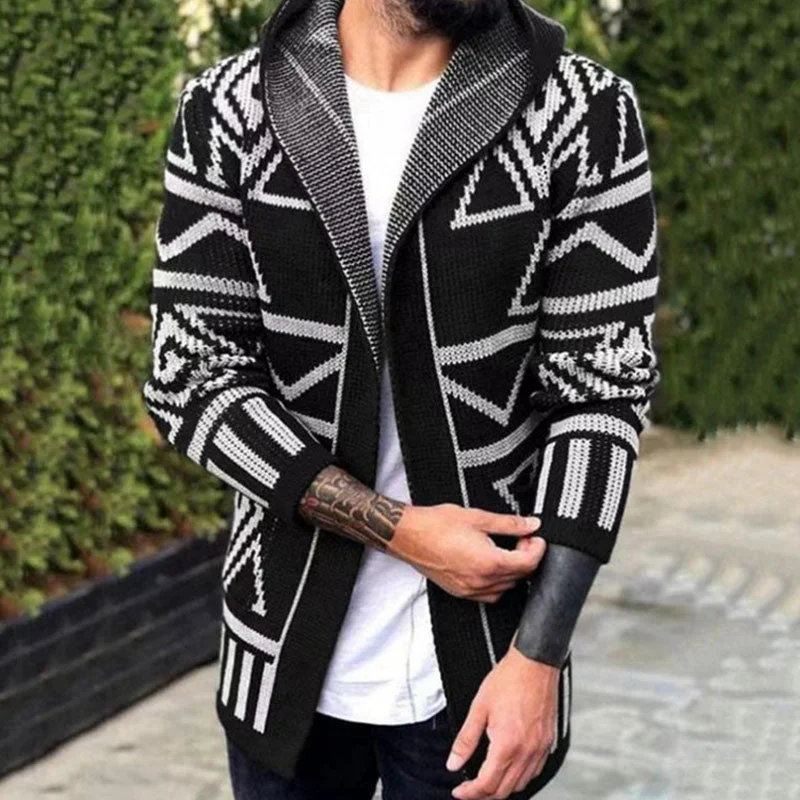 Summer-ready fashion for stylish women   Casual Open Front Men Winter Black and White Geometric Knit Hooded Cardigan