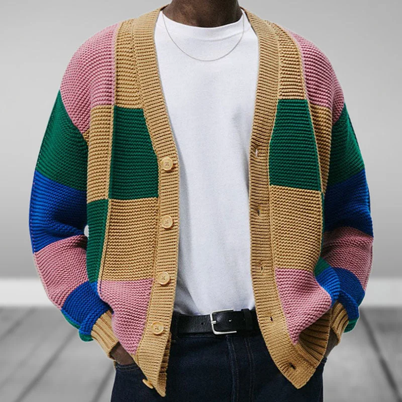 Affordable stylish women’s fashion collection   Colorful Plaid Patchwork V Neck Long Sleeve Men Button Up Knit Cardigan