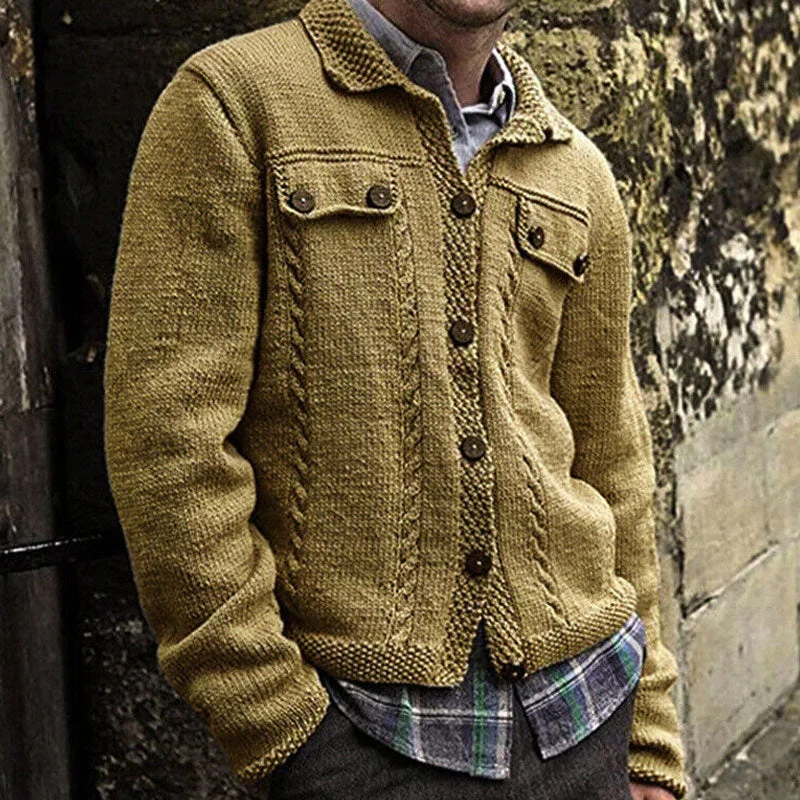 Everyday essentials for a stylish wardrobe   Cozy Textured Cable Knit Spread Collar Button Front Men Winter Cardigan