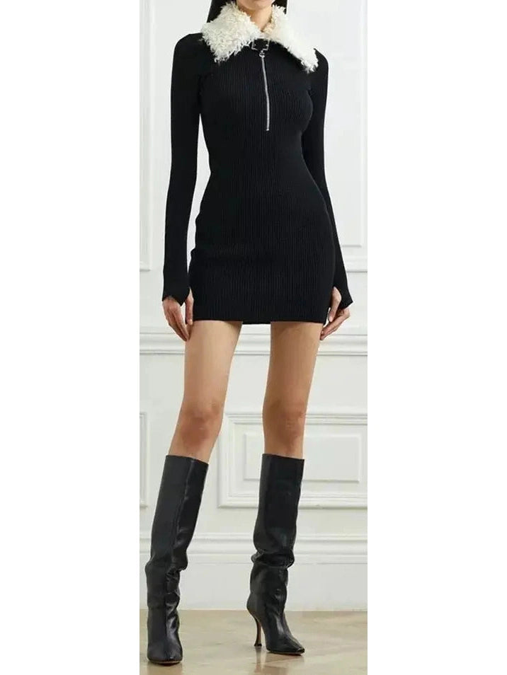 Women’s clothing that combines comfort and style   Black Ribbed Knit Dress with Faux-Fur Collar