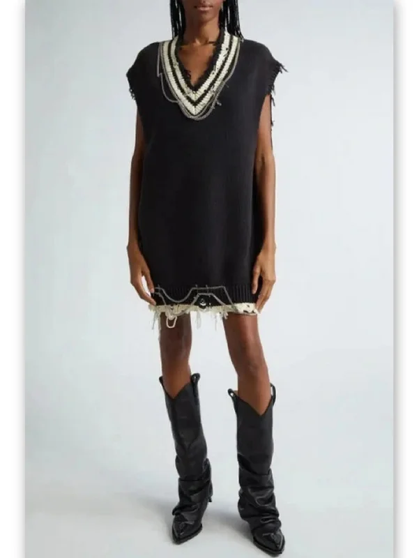 Chain Embellished Distressed Knit Vest Dress