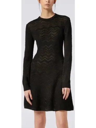 Chevron Knit Wool-Blend Short Dress, Black