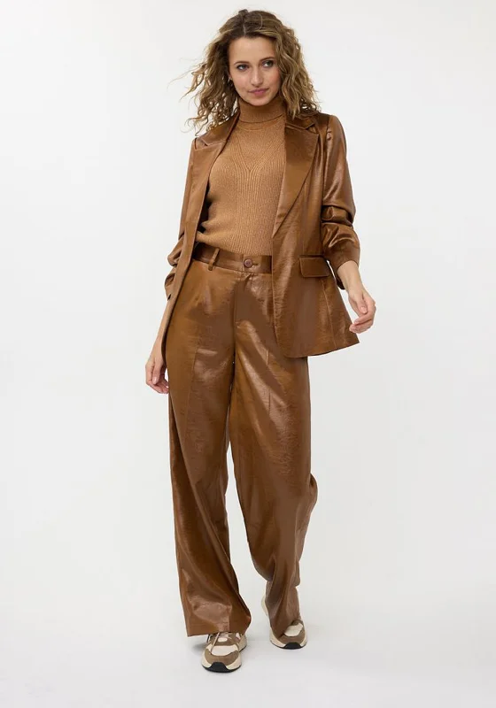 Express your style with fashionable women’s clothing   EsQualo Metallic Crinkle Blazer, Tan