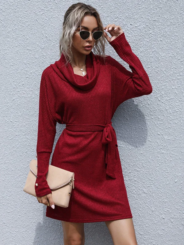 Blue Zone Planet |  pile collar solid color bottoming knitted sweater dress with long sleeves