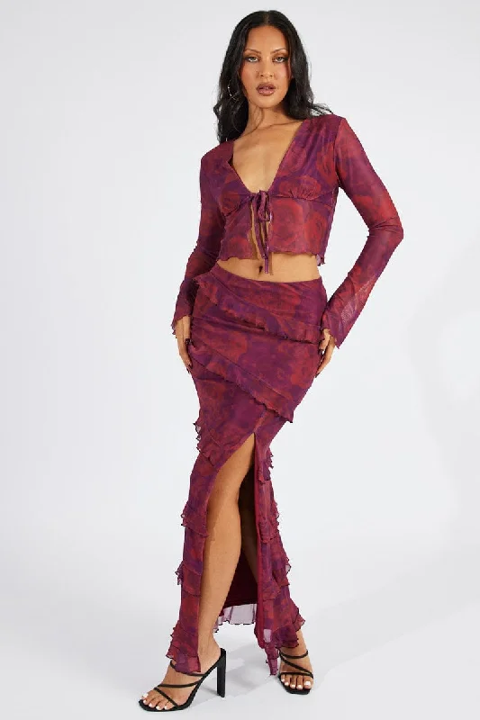 Stylish and comfortable outfits for women   Red Floral Maxi Skirt Mesh Frilled Mesh