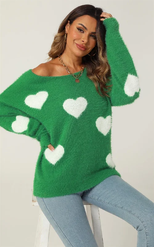 Women’s clothing to inspire confidence and beauty   Relaxed Comfy White Heart Pattern Jumper Top In Green