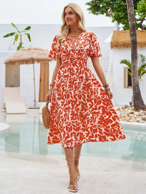 Casual outfits that elevate your style   Printed Surplice Short Sleeve Midi Dress