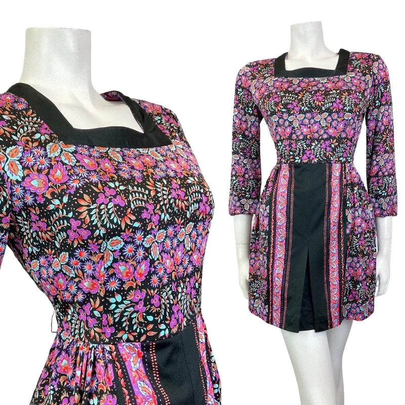 Fashionable clothing to fit every body type   VINTAGE 60s 70s PURPLE BLUE BLACK FLORAL BOHO FOLK SUMMER MINI DRESS 10
